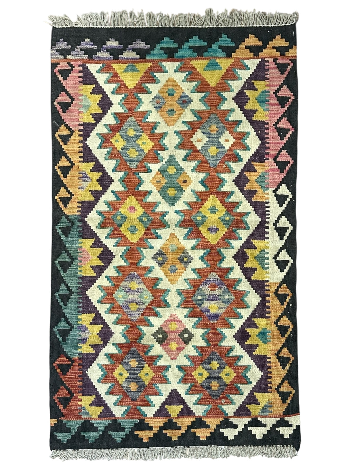 Afghan Kilim Rug 3x4, Rust, Ivory & Black, Diamond Medallion Wool Flatweave