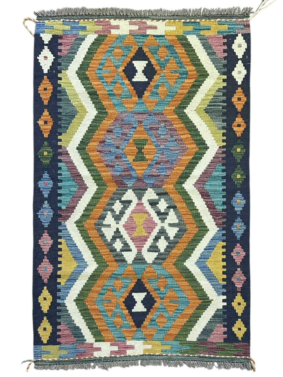 Afghan Kilim Rug 3x4, Navy, Orange & Ivory, Hand-Woven Wool Flatweave