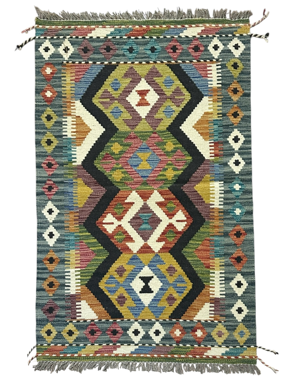 Afghan Kilim Rug 3x4, Gray, Black & Ivory, Hand-Woven Wool Flatweave
