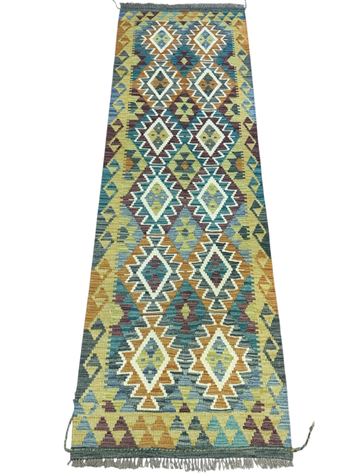 Afghan Kilim Runner 3x7, Olive Green, Blue & Teal, Hand-Woven Wool Flatweave, view 2