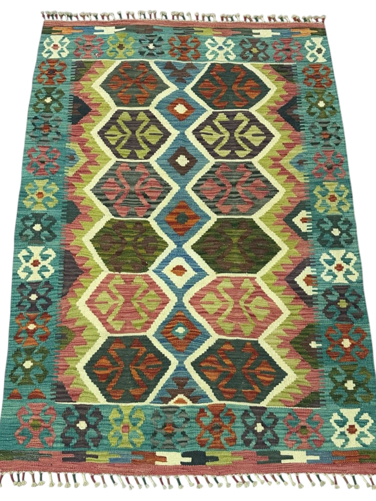 Afghan Kilim Rug 4x5, Teal, Brown & Pink, Hand-Woven Wool Flatweave, view 2