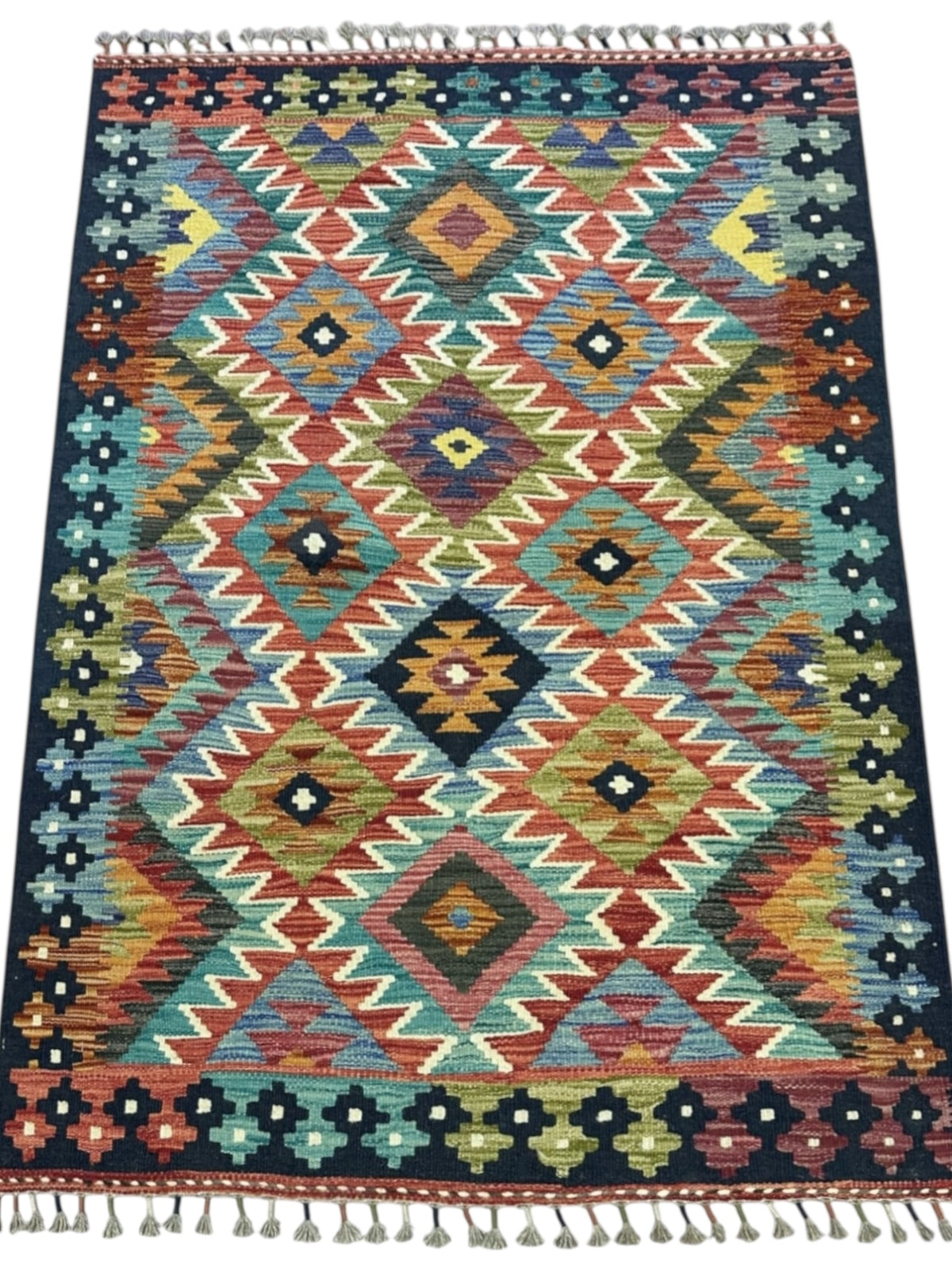 Afghan Kilim Rug 3x5, Rust, Teal & Navy, Hand-Woven Wool Flatweave, view 2