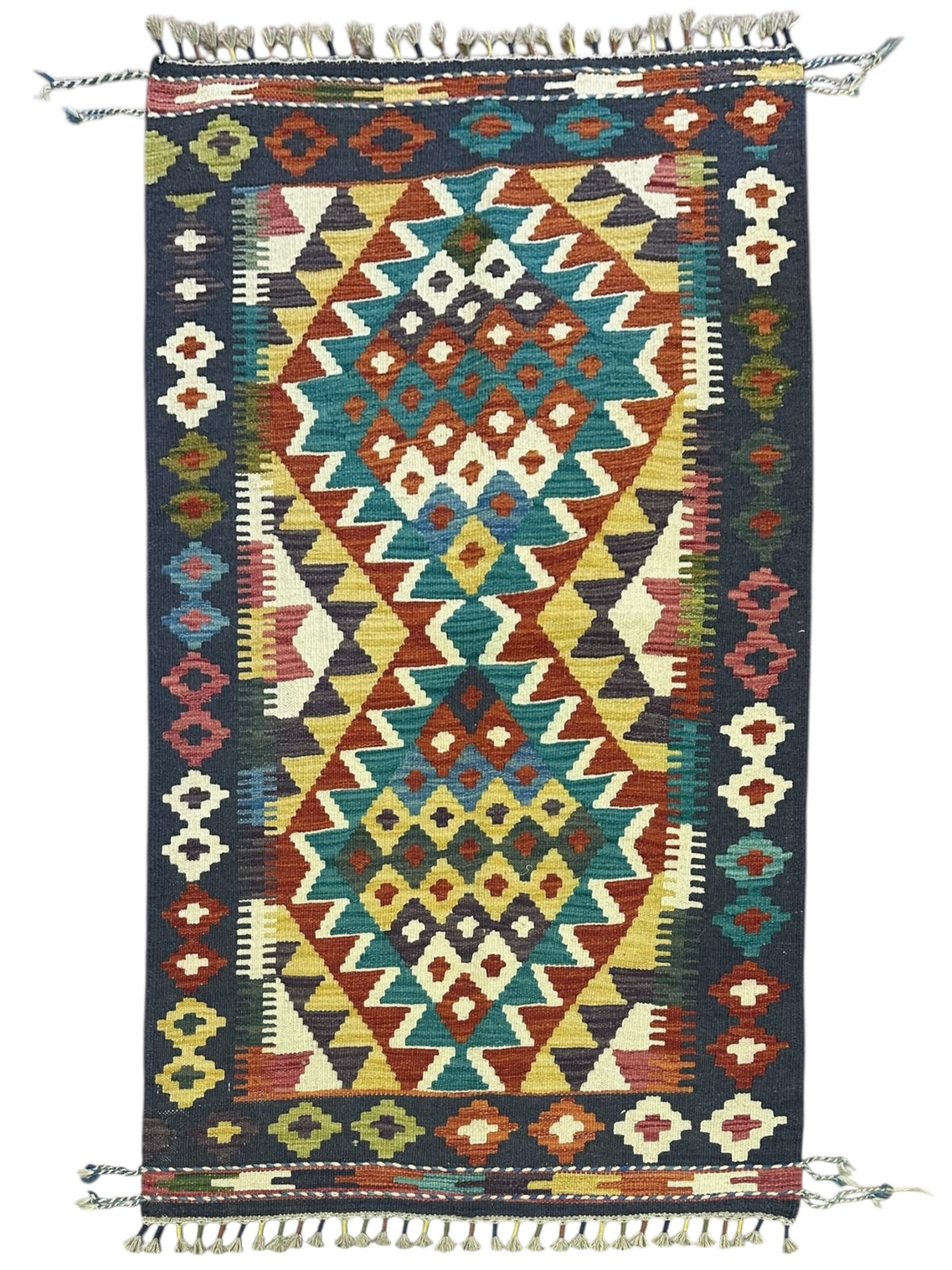 Afghan Kilim Rug 3x5, Navy, Rust & Ivory, Hand-Woven Wool Flatweave