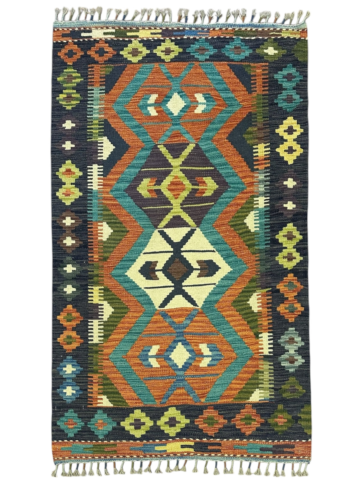 Afghan Kilim Rug 3x4, Rust, Navy & Teal, Hand-Woven Wool Flatweave