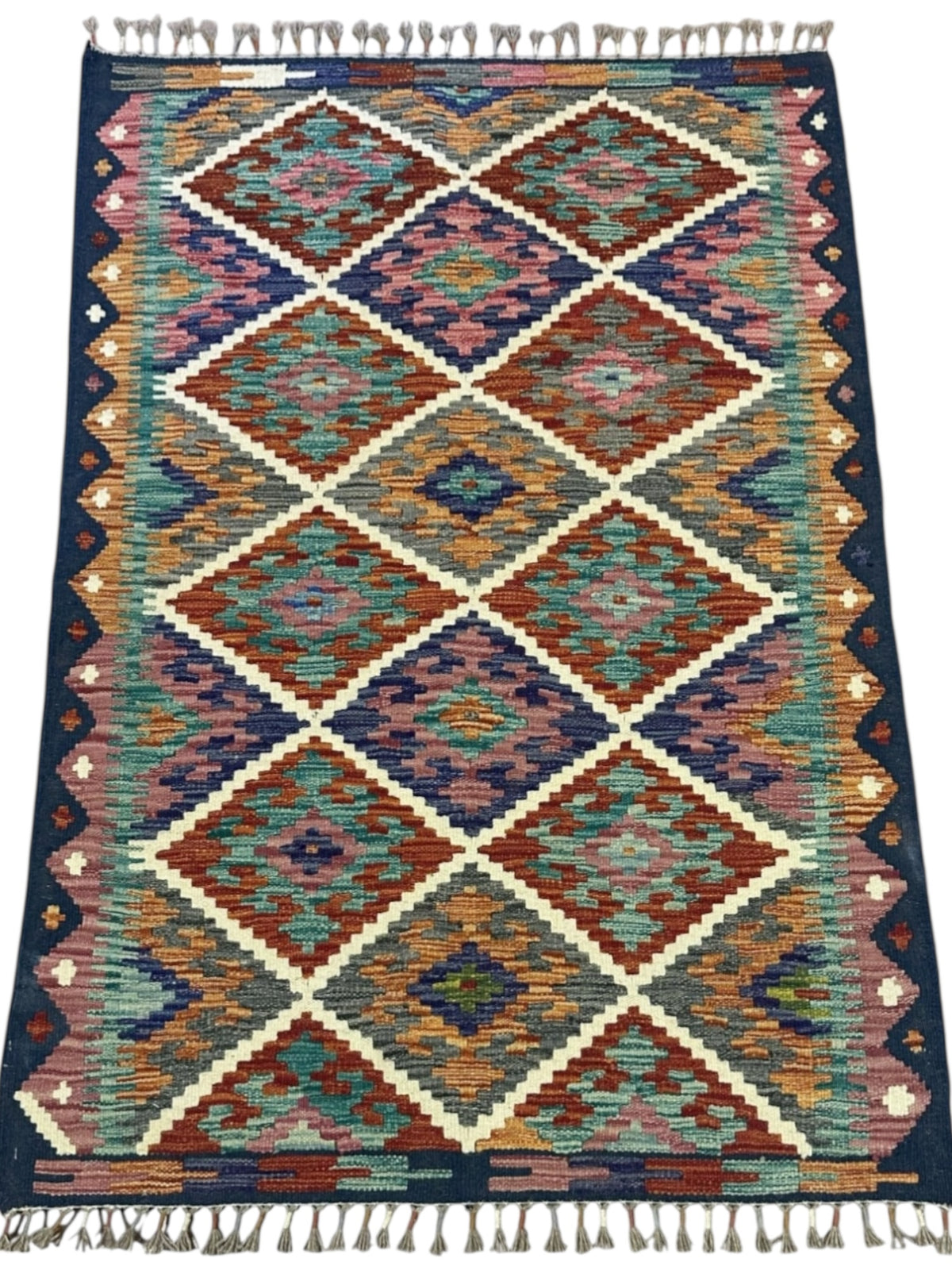Afghan Kilim Rug 3x4, Rust, Navy & Pink, Diamond Lattice Wool Flatweave, view 2