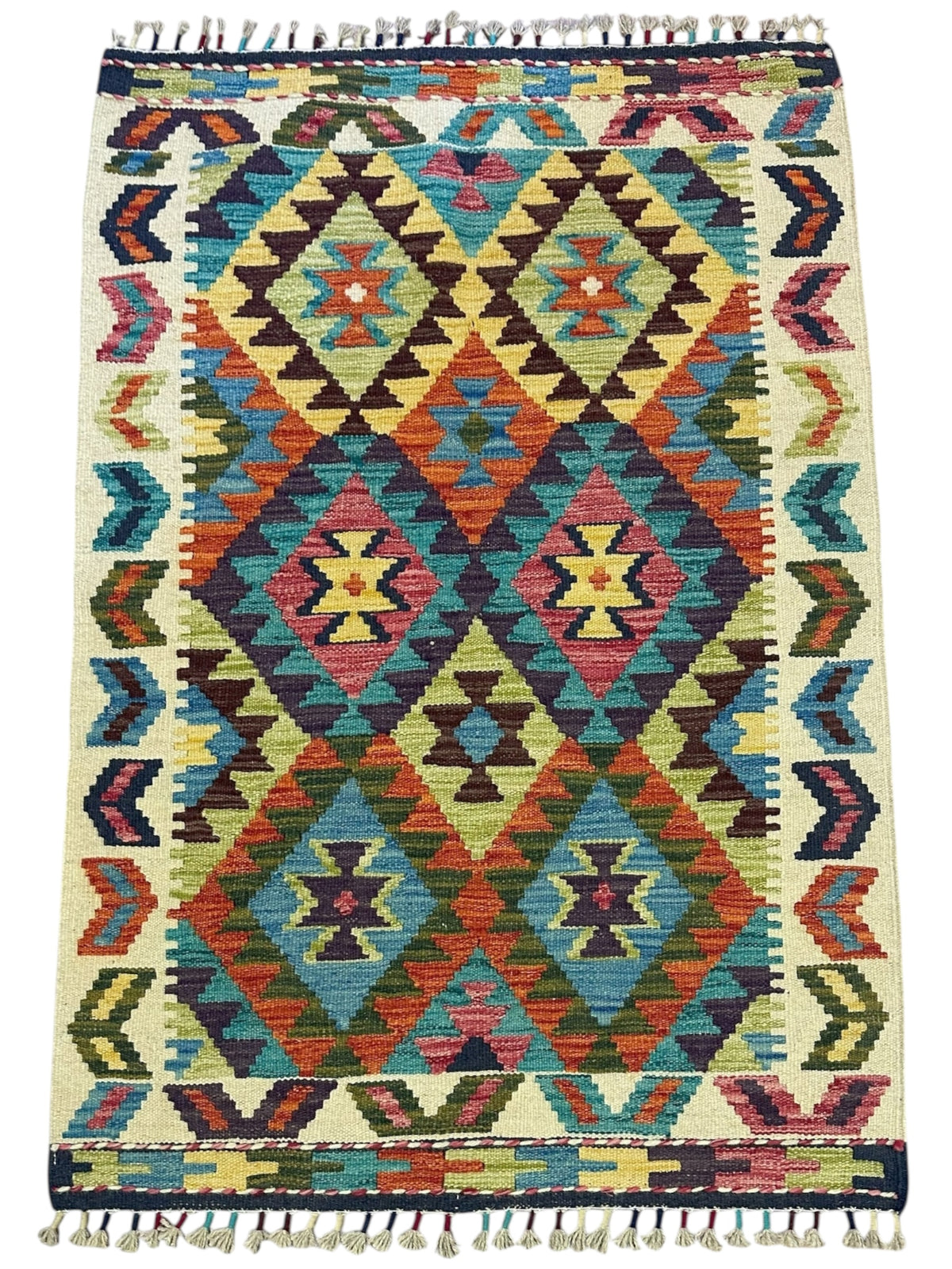 Afghan Kilim Rug 3x4, Ivory, Teal & Rust, Hand-Woven Wool Flatweave, view 2