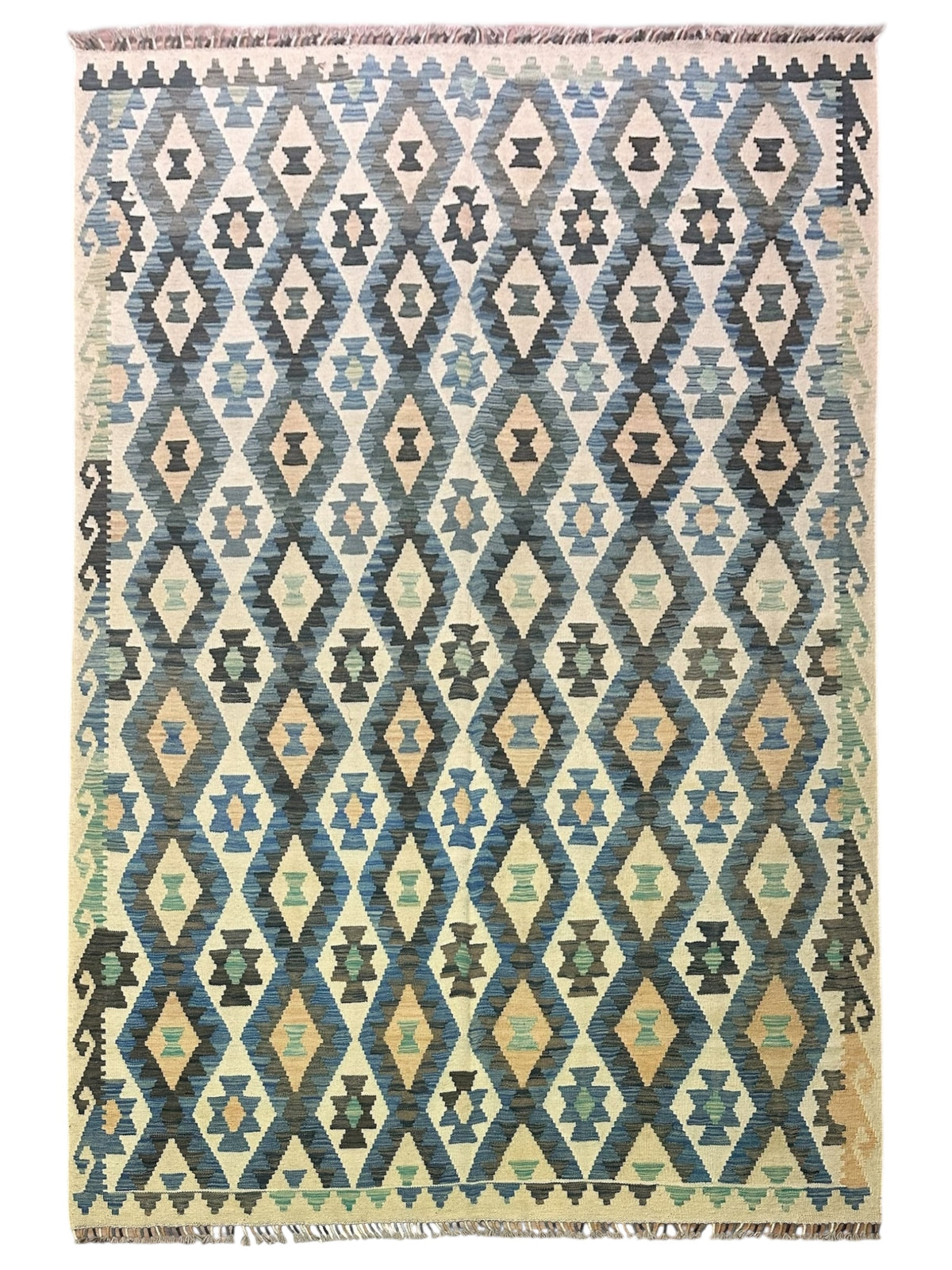 Afghan Kilim Rug 7x10, Beige, Blue & Gray, Hand-Woven Wool Flatweave