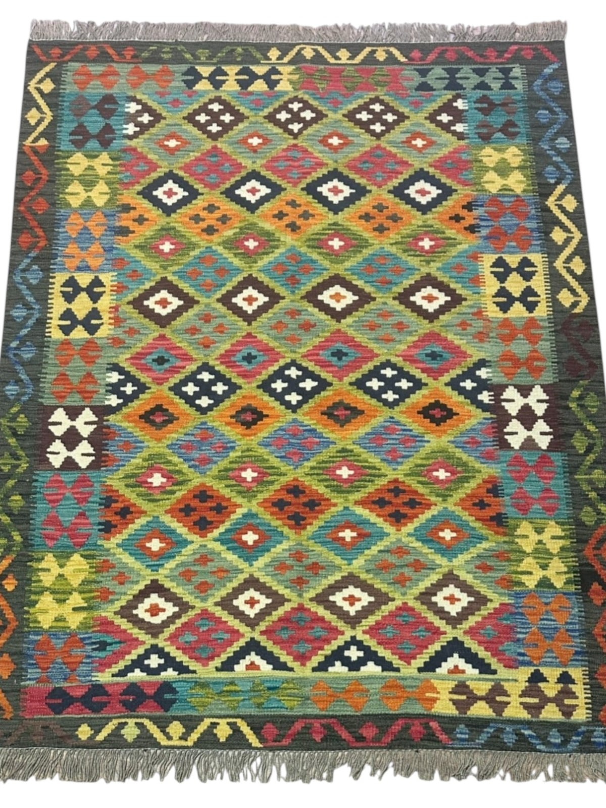 Afghan Kilim Rug 5x6, Green, Orange & Olive Green, Hand-Woven Wool Flatweave, view 2