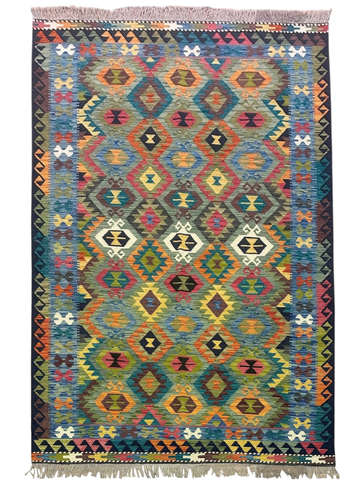 Afghan Kilim Rug 6x8, Teal, Orange & Blue, Hand-Woven Wool Flatweave
