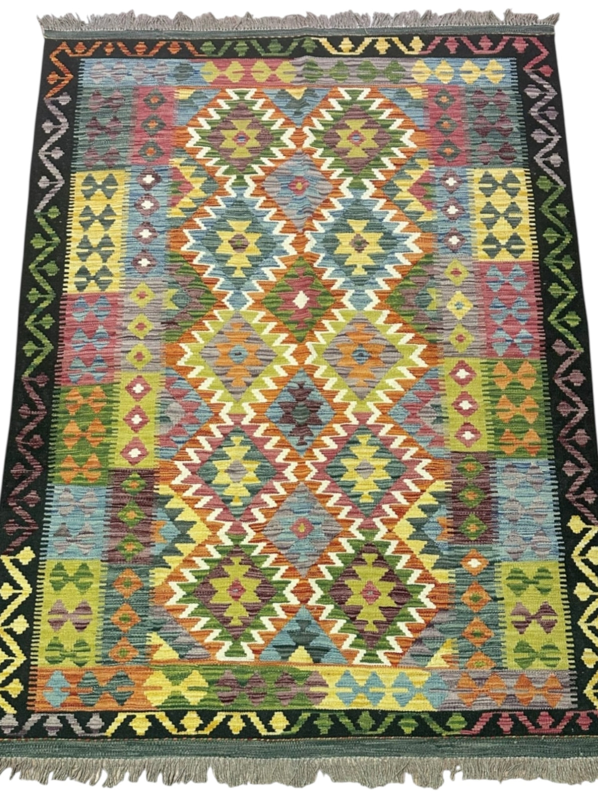 Afghan Kilim Rug 5x6, Olive Green, Yellow & Gray, Hand-Woven Wool Flatweave, view 2