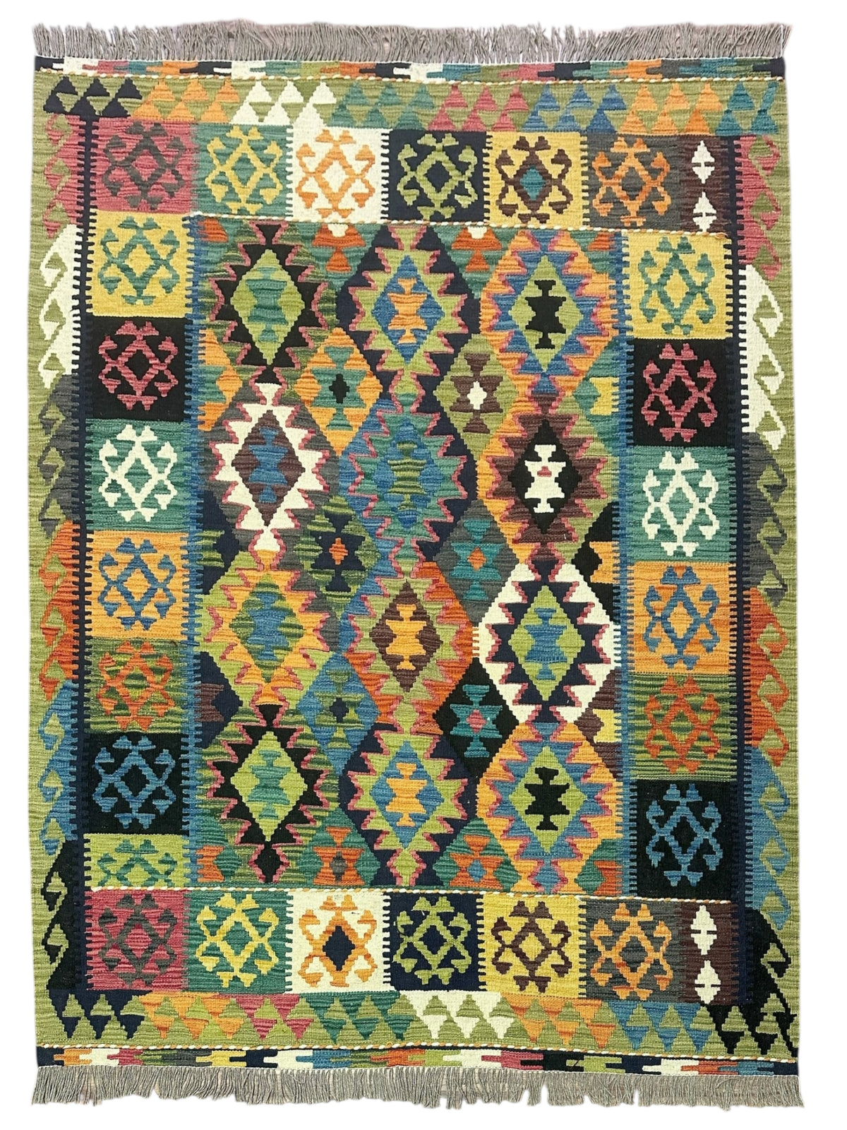 Afghan Kilim Rug 5x6, Black, Teal & Gold, Hand-Woven Wool Flatweave
