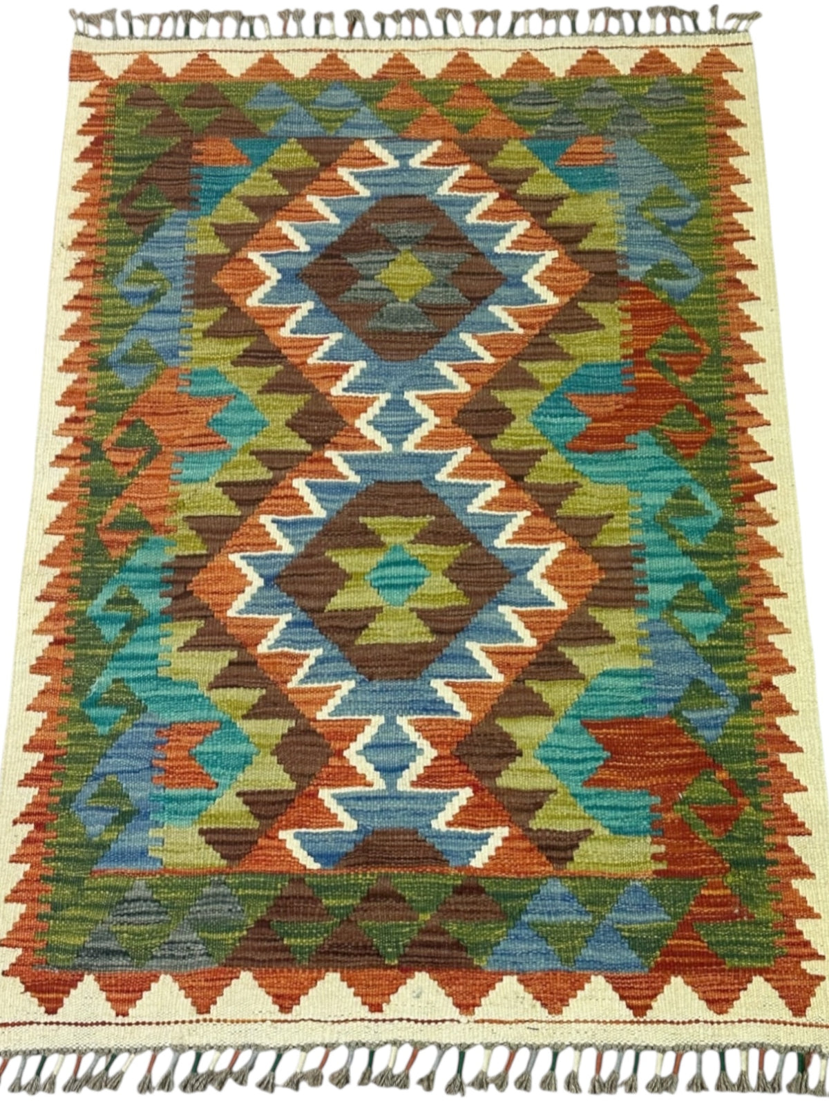 Afghan Kilim Rug 3x4, Rust, Olive Green & Ivory, Hand-Woven Wool Flatweave, view 2