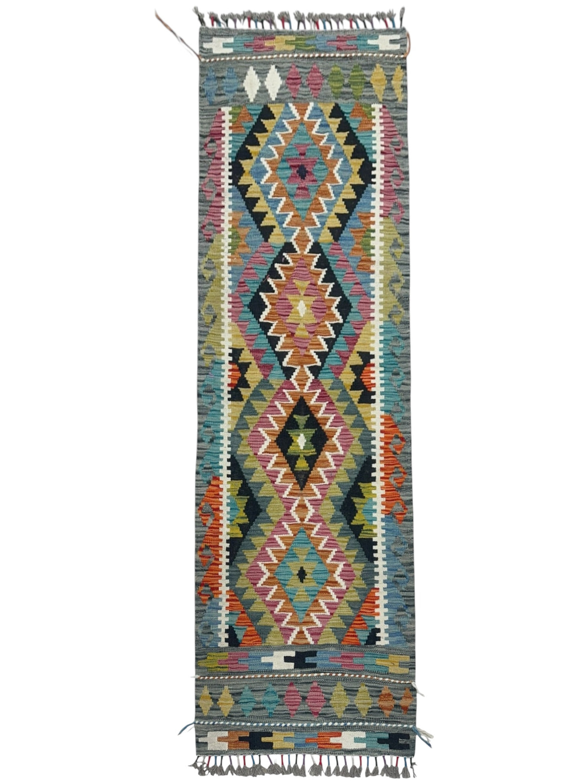 Afghan Kilim Runner 2x6, Teal, Rust & Ivory, Hand-Woven Wool Flatweave