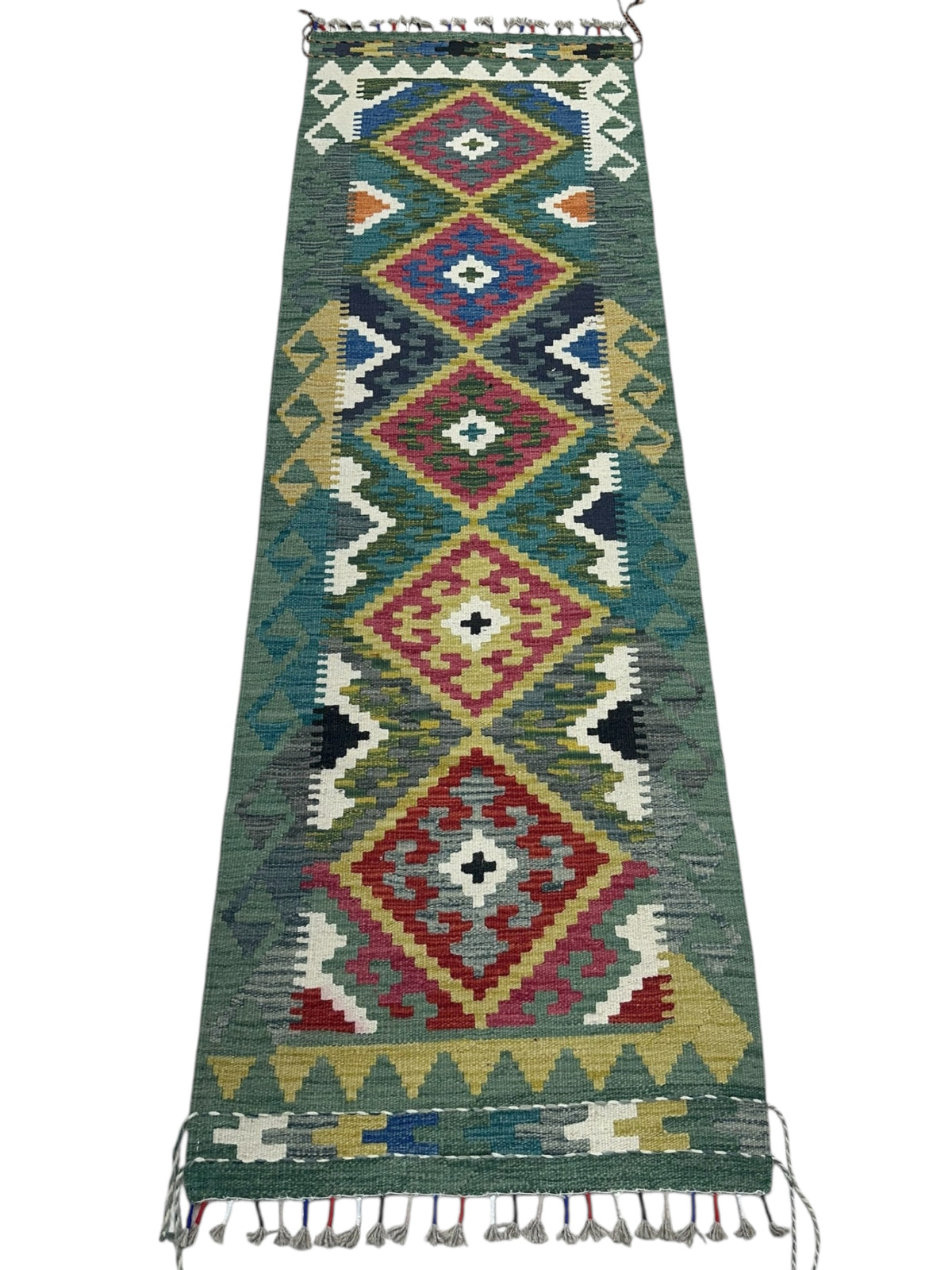 Afghan Kilim Runner 2x6, Green, Rust & Ivory, Hand-Woven Wool Flatweave, view 2