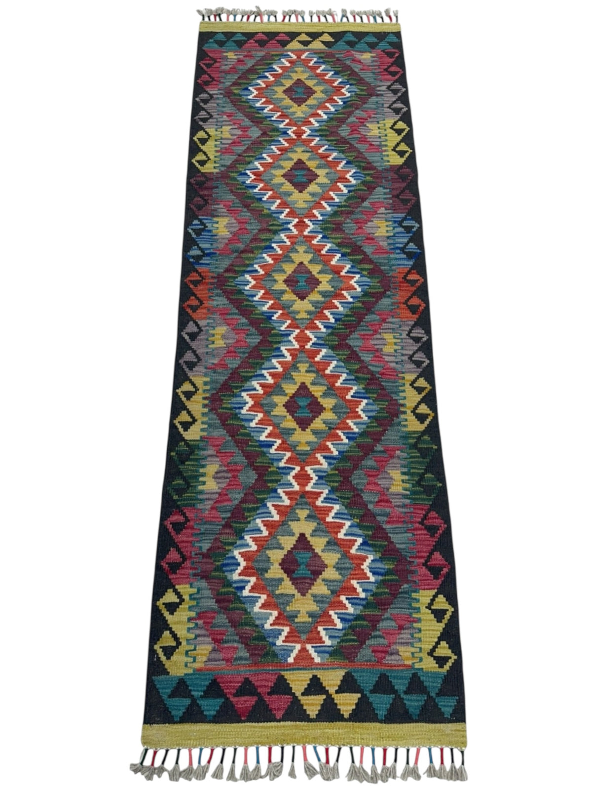 Afghan Kilim Runner 2x6, Black, Rust & Olive Green, Hand-Woven Wool Flatweave, view 2