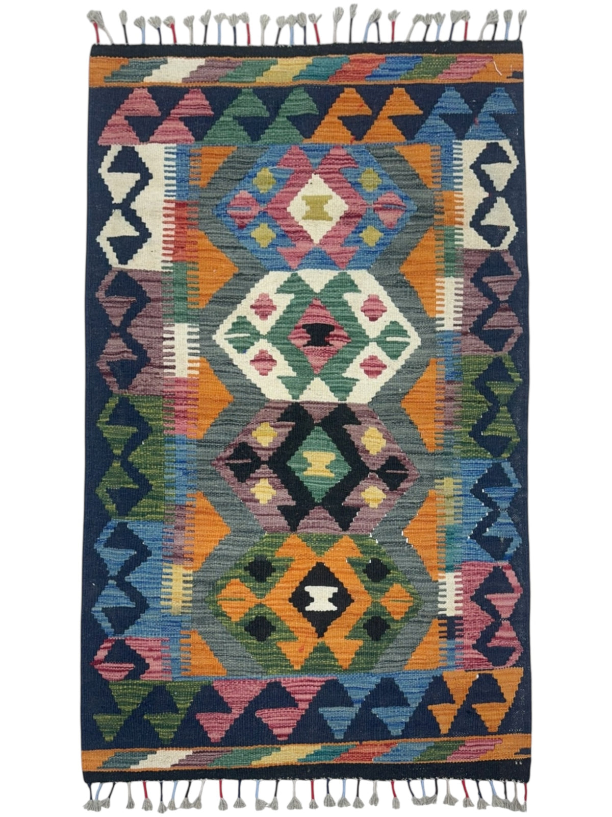 Afghan Kilim Rug 3x4, Navy, Orange & Gray, Hand-Woven Wool Flatweave