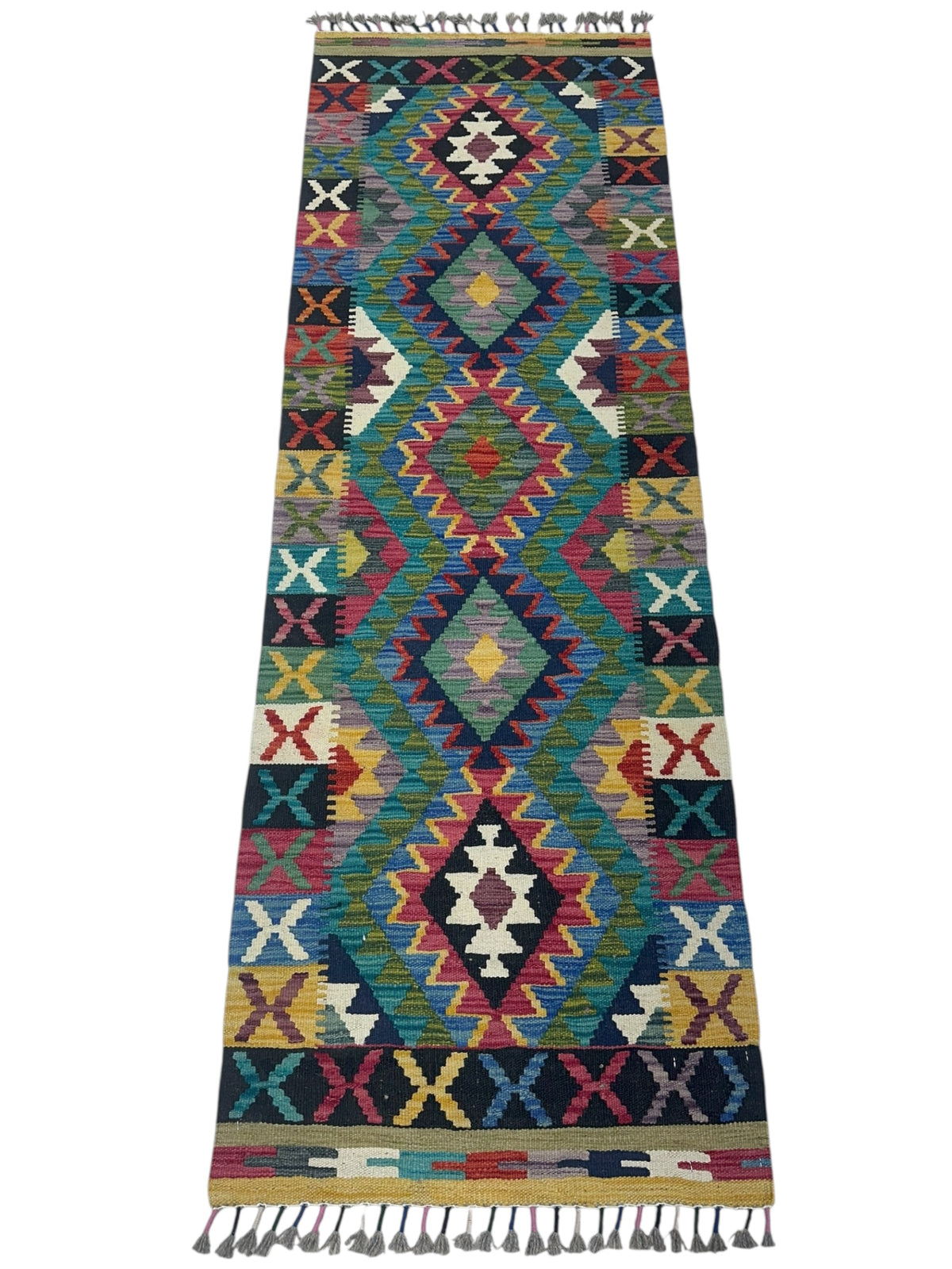 Afghan Kilim Runner 2x7, Teal, Green & Navy, Hand-Woven Wool Flatweave, view 2