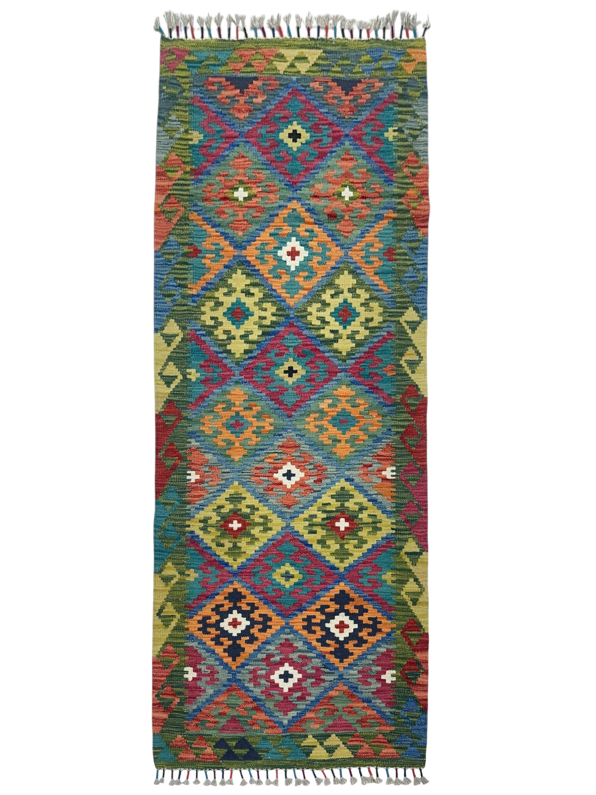 Afghan Kilim Rug 3x6, Olive Green, Pink & Teal, Hand-Woven Wool Flatweave