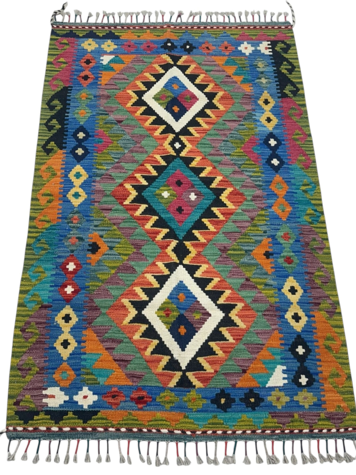Afghan Kilim Rug 3x5, Blue, Olive Green & Orange, Hand-Woven Wool Flatweave, view 2