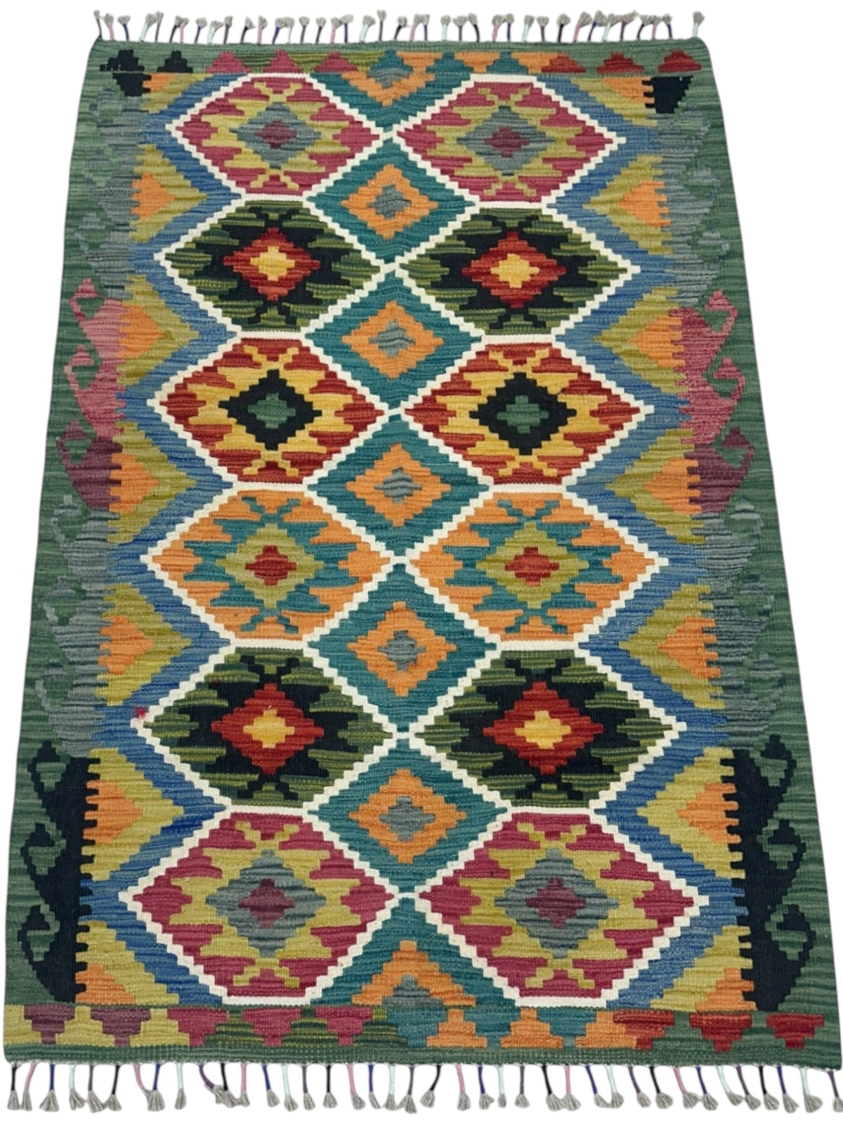 Afghan Kilim Rug 3x5, Green, Orange & Teal, Hand-Woven Wool Flatweave, view 2