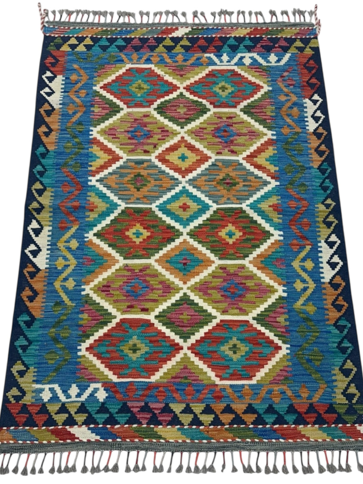 Afghan Kilim Rug 3x5, Teal, Navy & Rust, Hand-Woven Wool Flatweave, view 2
