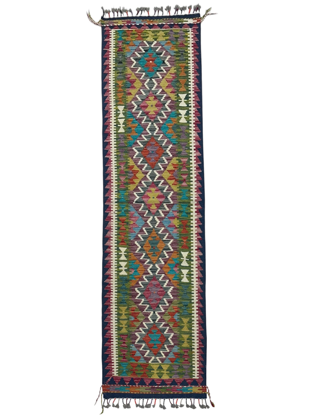 Afghan Kilim Runner 2x7, Navy, Rust & Olive Green, Hand-Woven Wool Flatweave