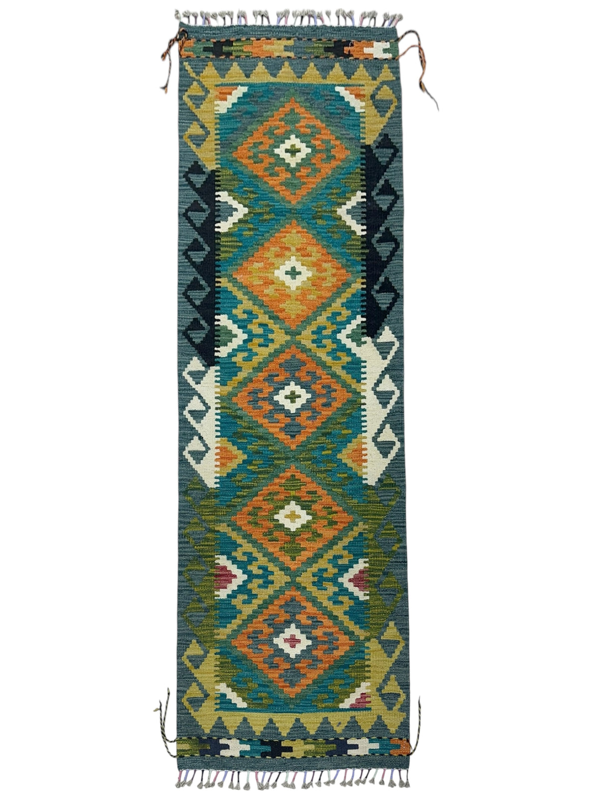 Afghan Kilim Runner 2x6, Teal, Olive Green & Orange, Hand-Woven Wool Flatweave