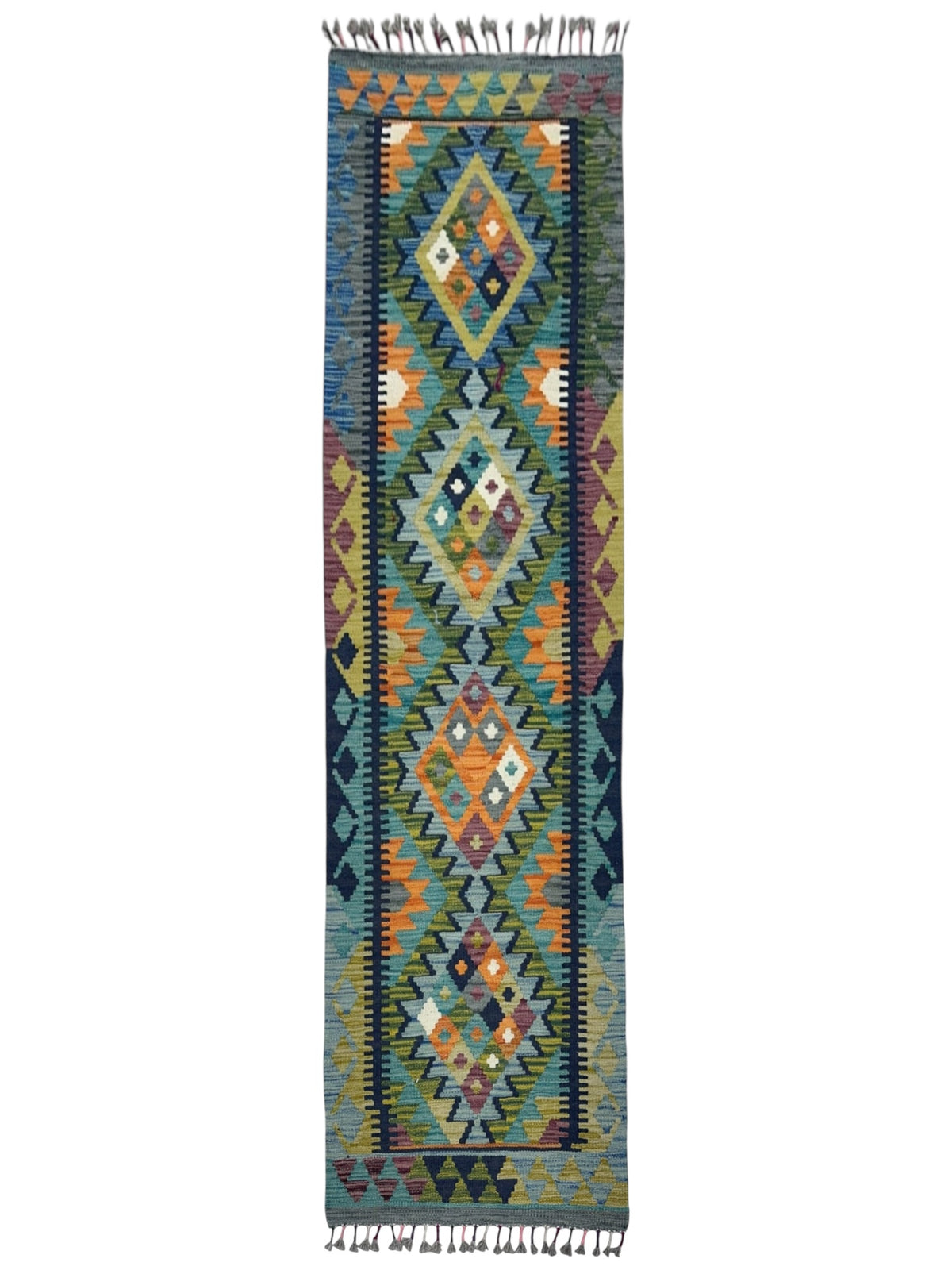 Afghan Kilim Runner 2x6, Olive Green, Blue & Orange, Hand-Woven Wool Flatweave