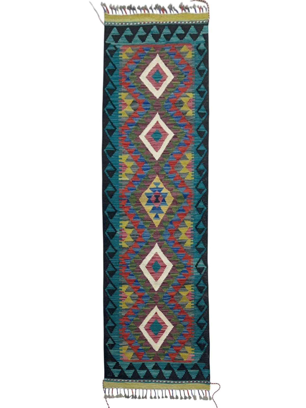 Afghan Kilim Runner 2x6, Teal, Black & Pink, Hand-Woven Wool Flatweave