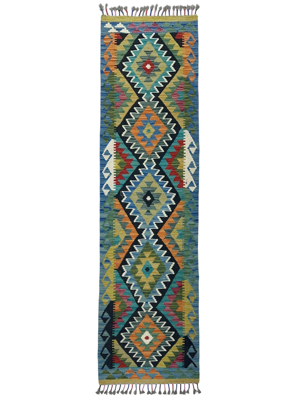 Afghan Kilim Runner 2x6, Blue, Black & Olive Green, Hand-Woven Wool Flatweave