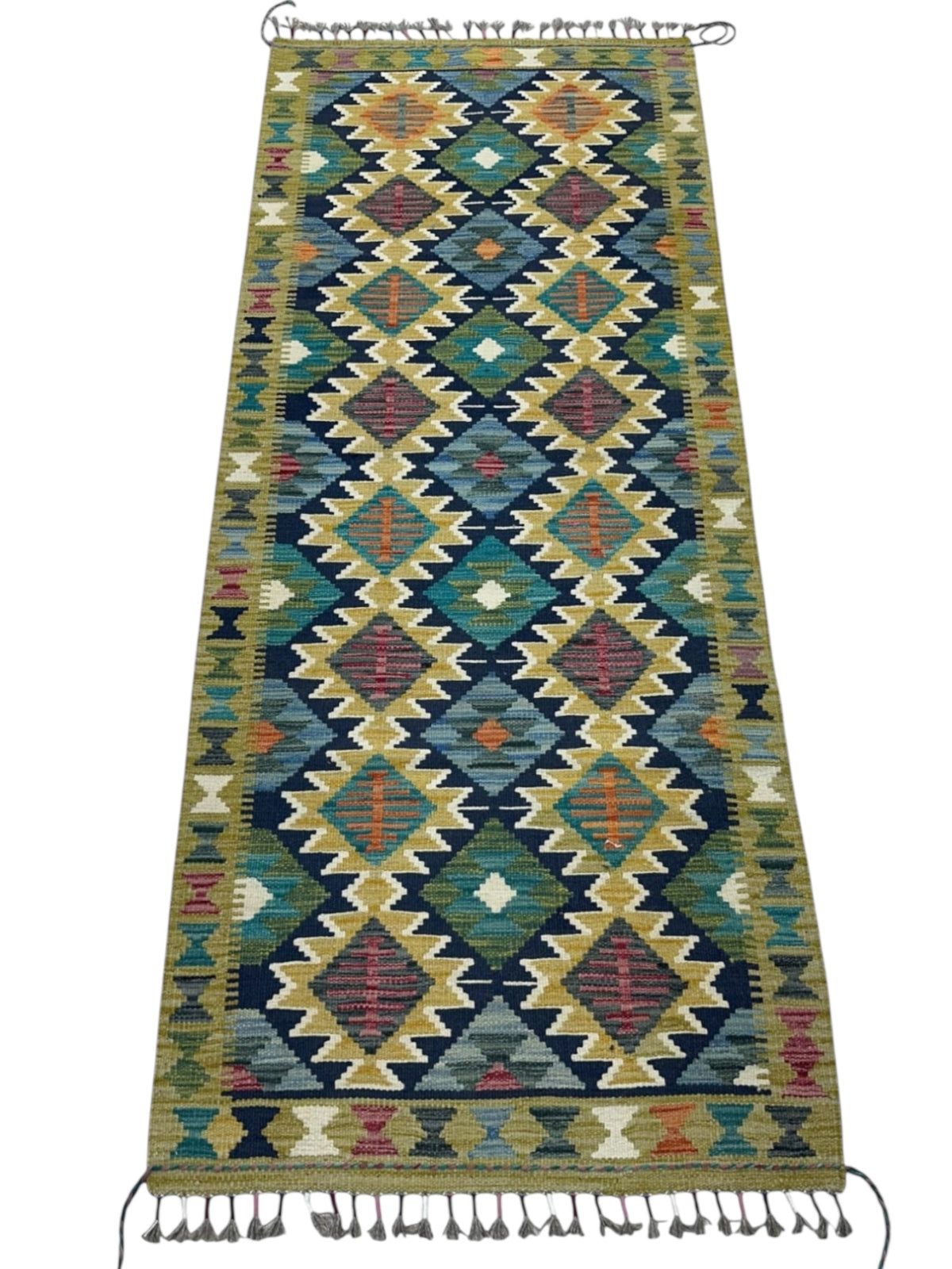 Afghan Kilim Runner 3x7, Olive Green, Navy & Gold, Hand-Woven Wool Flatweave, view 2