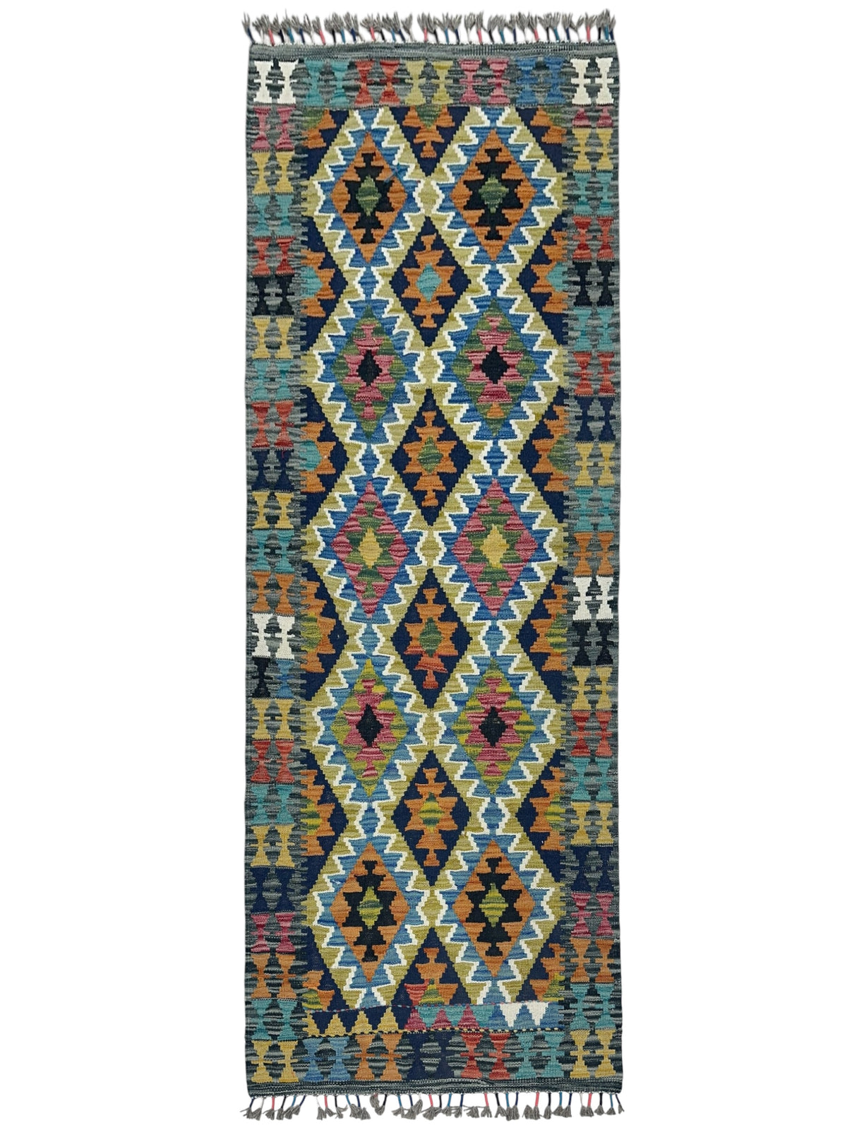 Afghan Kilim Runner 3x7, Teal, Navy & Ivory, Hand-Woven Wool Flatweave