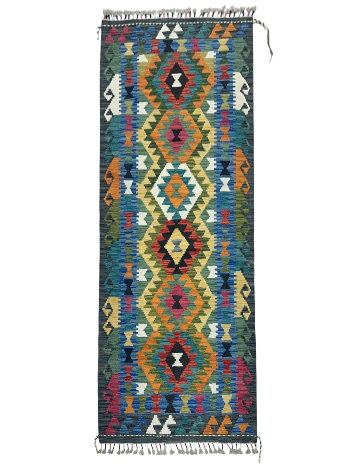 Afghan Kilim Runner 3x6, Green, Orange & Teal, Hand-Woven Wool Flatweave