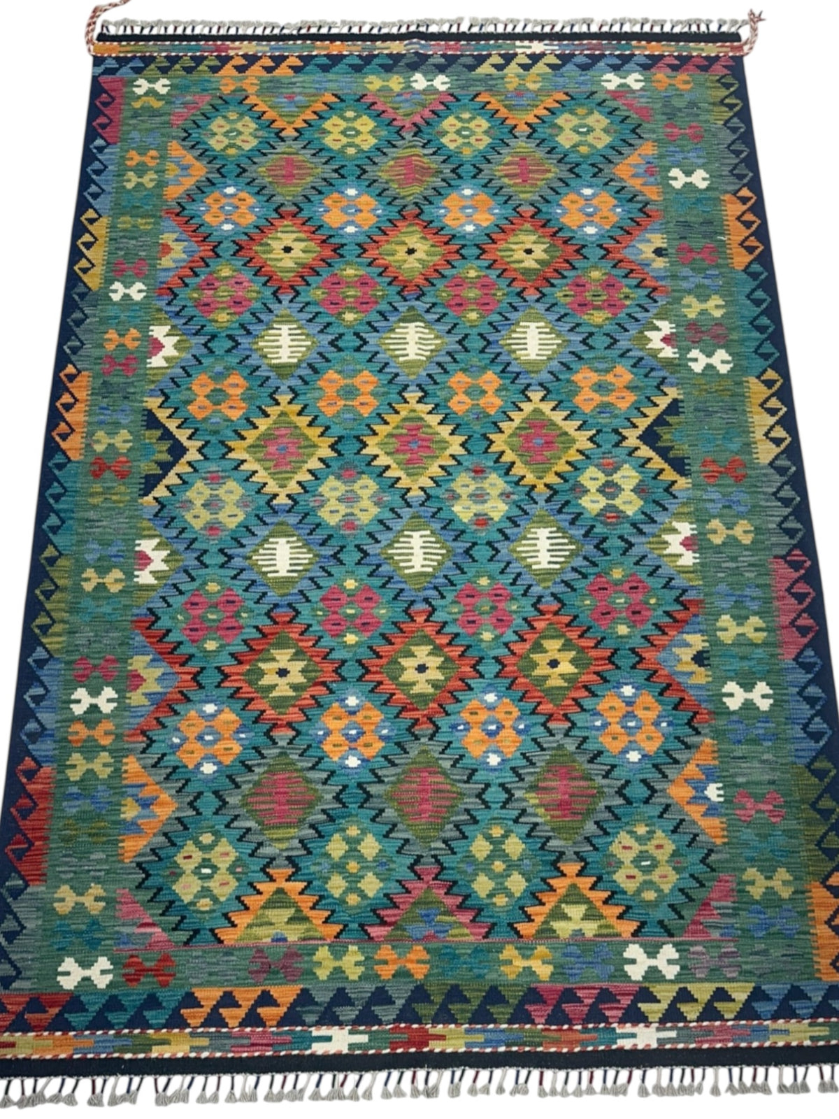 Afghan Kilim Rug 6x9, Teal, Navy & Orange, Hand-Woven Wool Flatweave, view 2