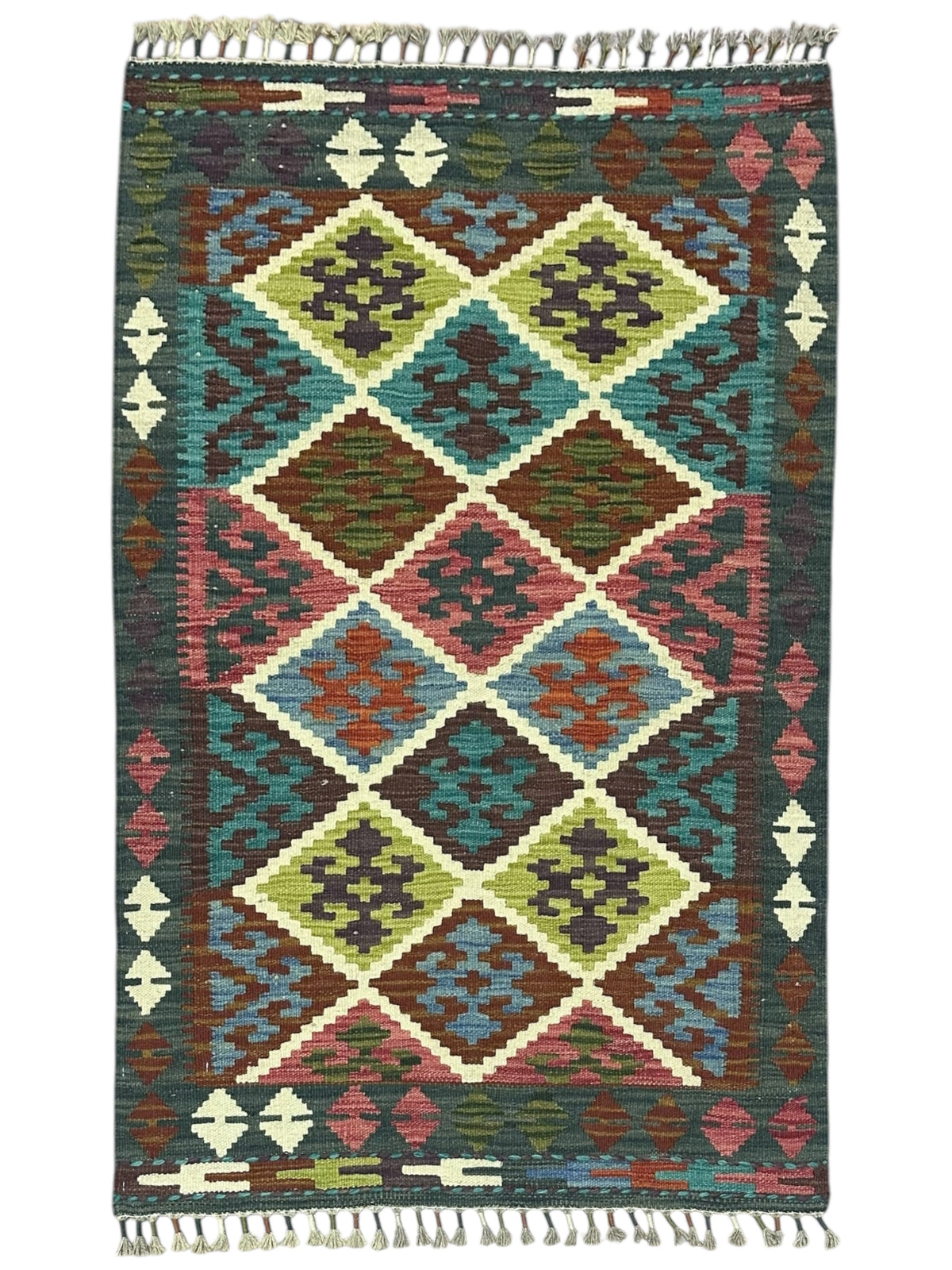 Afghan Kilim Rug 3x4, Brown, Teal & Olive Green, Hand-Woven Wool Flatweave