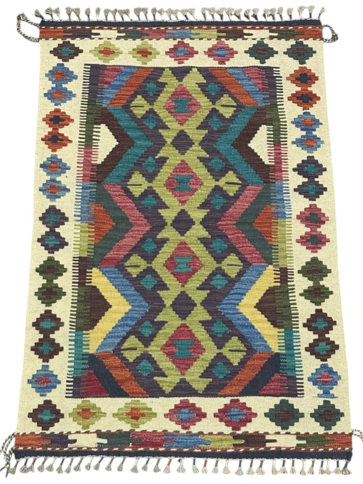 Afghan Kilim Rug 3x4, Ivory, Brown & Teal, Hand-Woven Wool Flatweave, view 2