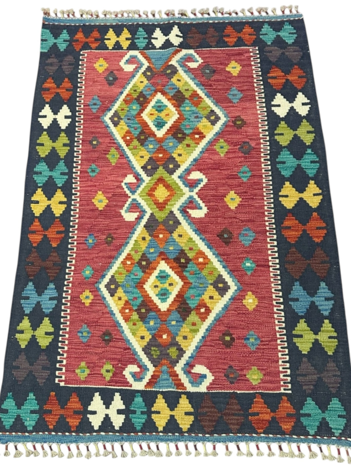 Afghan Kilim Rug 3x5, Red, Navy & Teal, Hand-Woven Wool Flatweave, view 2