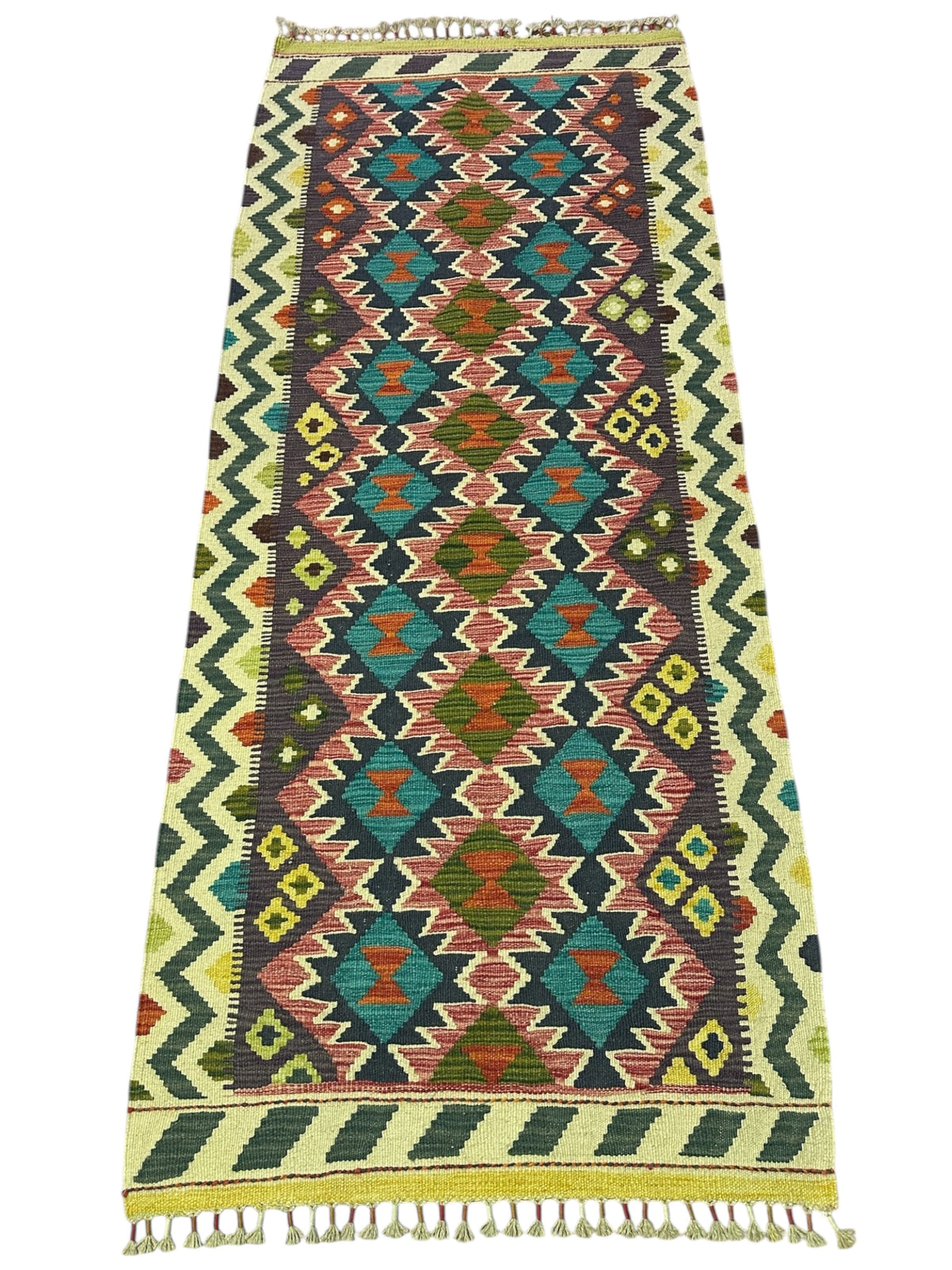 Afghan Kilim Runner 3x7, Teal, Rust & Navy, Hand-Woven Wool Flatweave, view 2