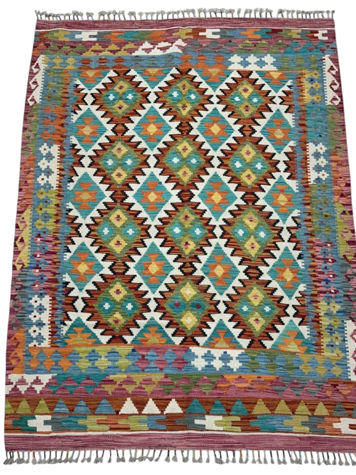 Afghan Kilim Rug 5x7, Ivory, Rust & Pink, Hand-Woven Wool Flatweave, view 2
