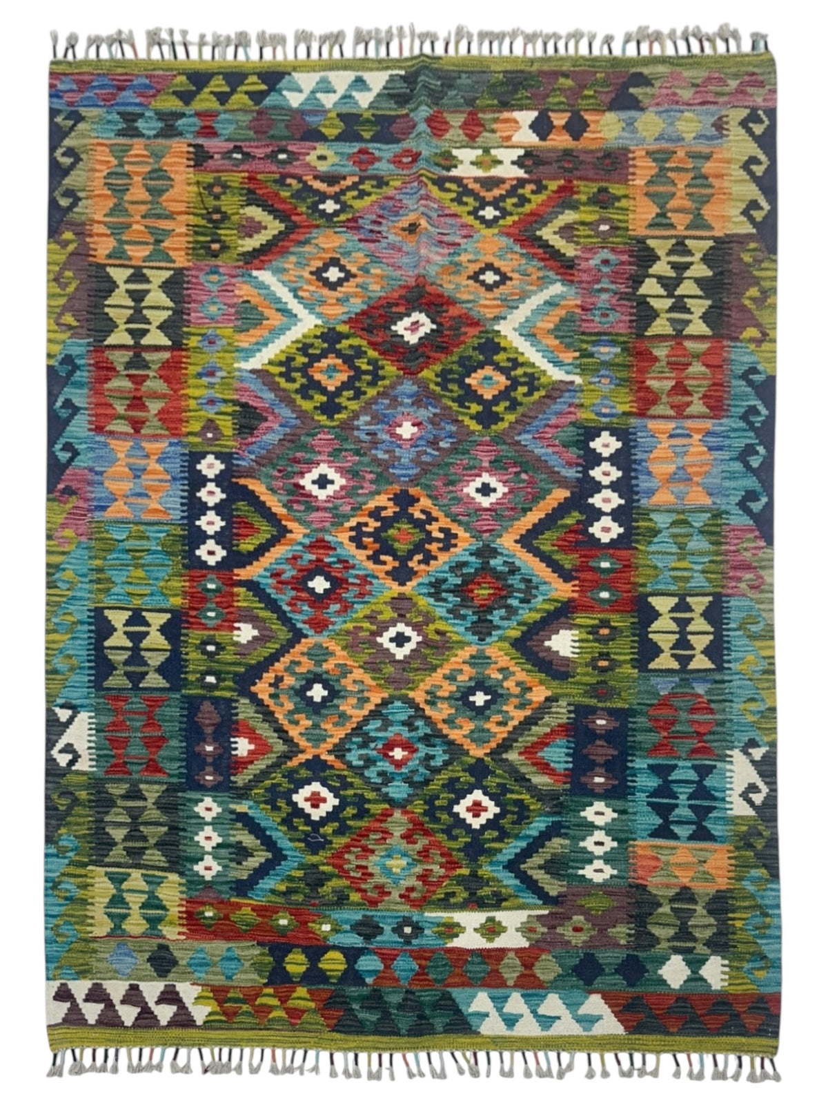 Afghan Kilim Rug 5x6, Olive Green, Teal & Orange, Hand-Woven Wool Flatweave