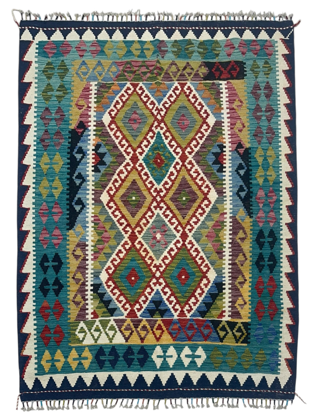 Afghan Kilim Rug 5x6, Teal, Navy & Ivory, Hand-Woven Wool Flatweave
