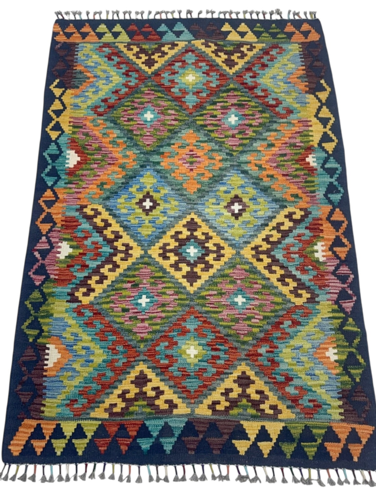 Afghan Kilim Rug 4x6, Olive Green, Navy & Gold, Hand-Woven Wool Flatweave, view 2
