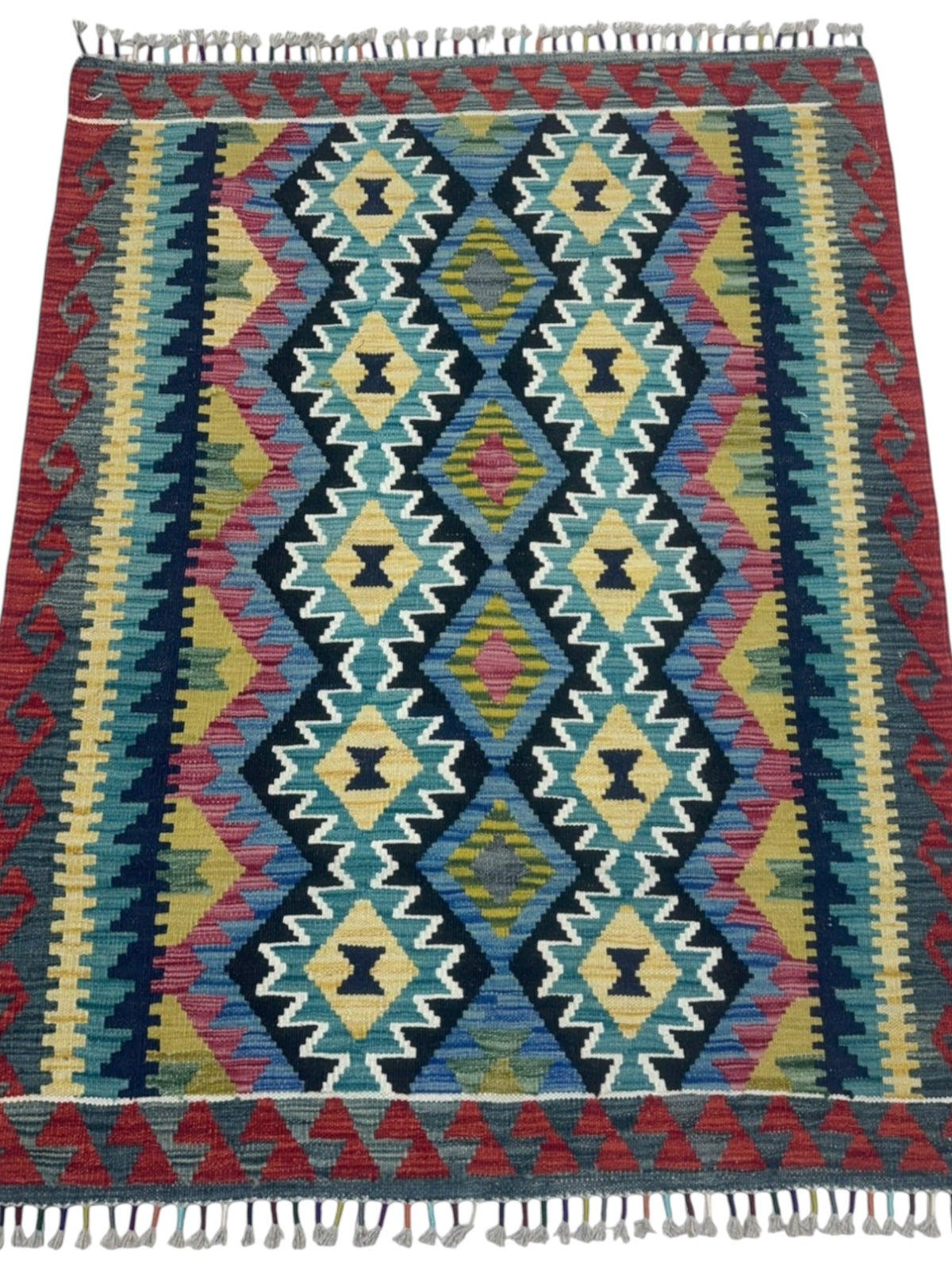 Afghan Kilim Rug 4x5, Red, Teal & Black, Hand-Woven Wool Flatweave, view 2