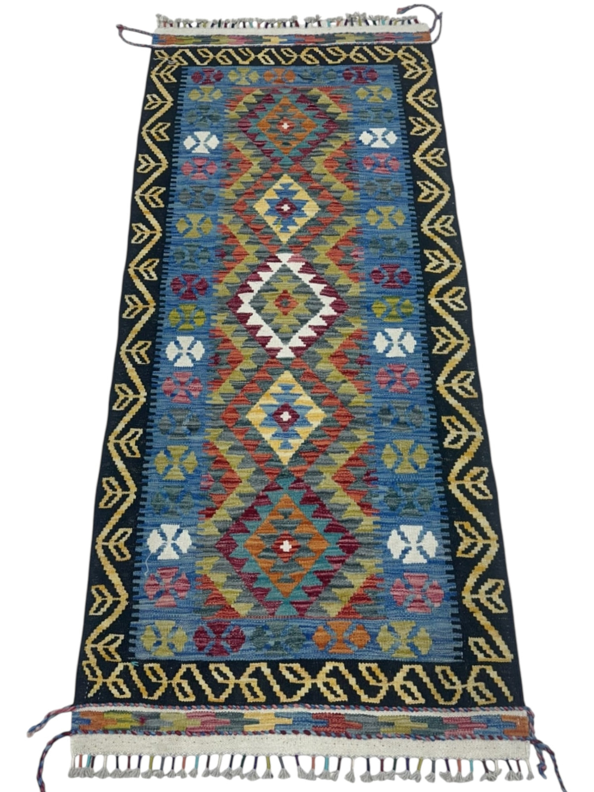 Afghan Kilim Rug 3x6, Blue, Black & Gold, Diamond Medallion Wool Flatweave, view 2