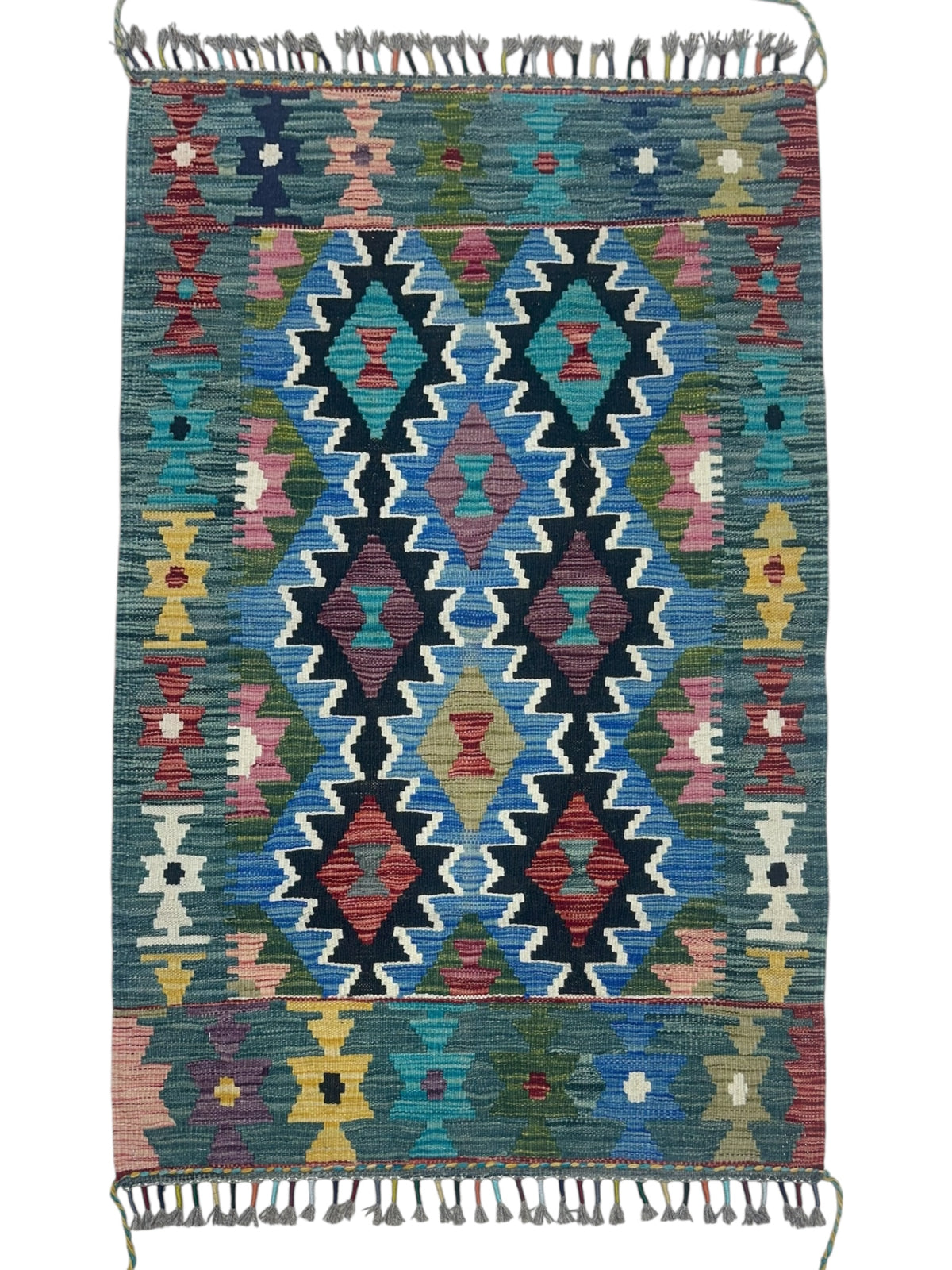 Afghan Kilim Rug 3x4, Teal, Blue & Black, Hand-Woven Wool Flatweave