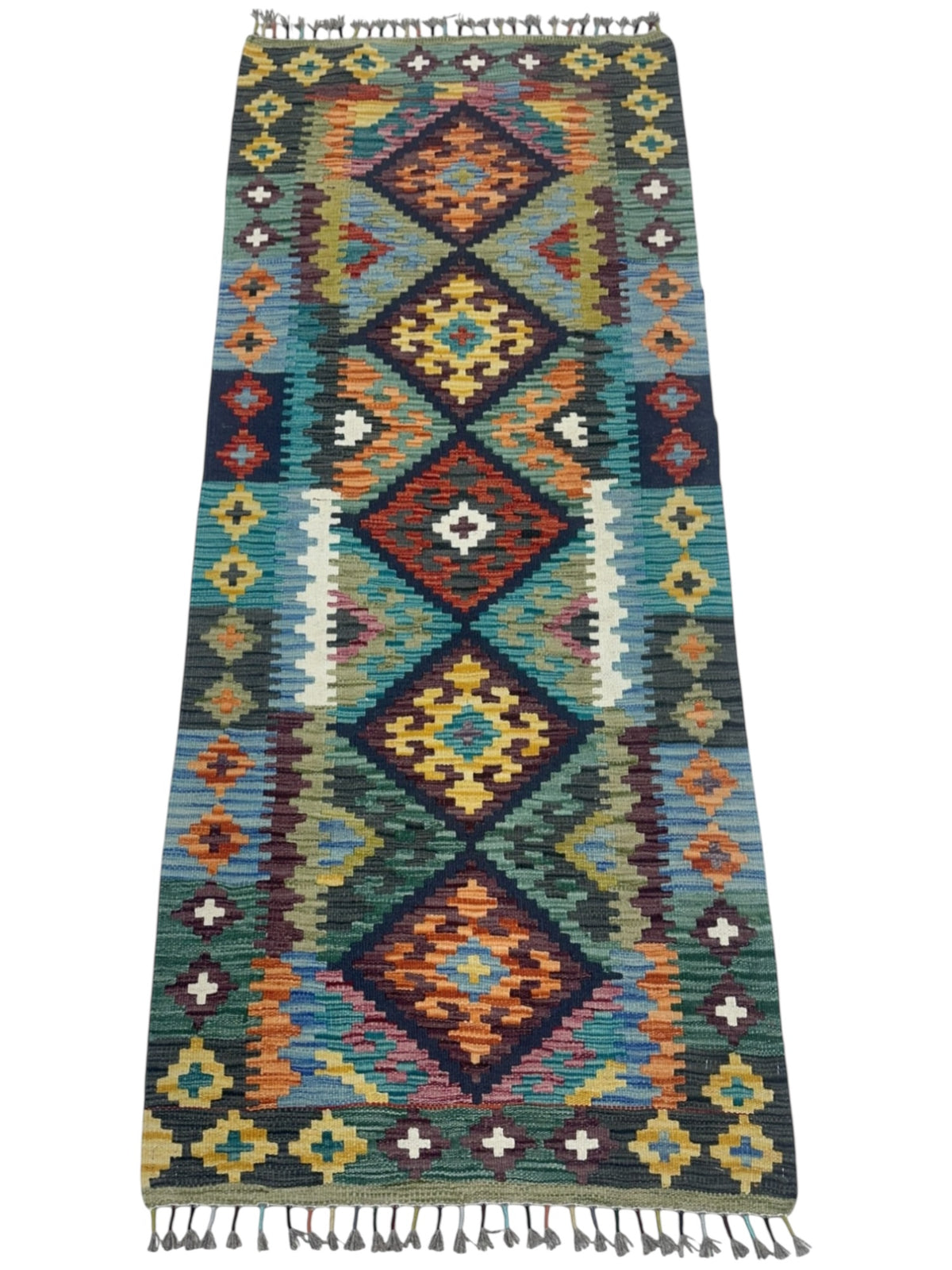 Afghan Kilim Runner 3x6, Olive Green, Blue & Navy, Hand-Woven Wool Flatweave, view 2