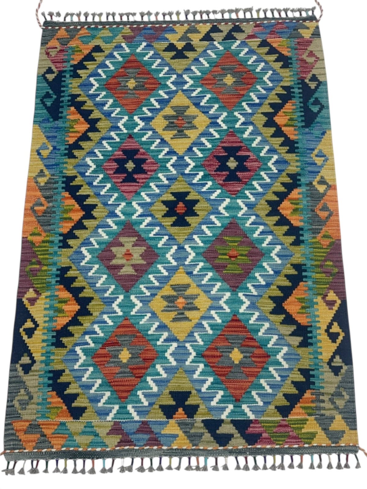 Afghan Kilim Rug 3x5, Teal, Olive Green & Navy, Hand-Woven Wool Flatweave, view 2