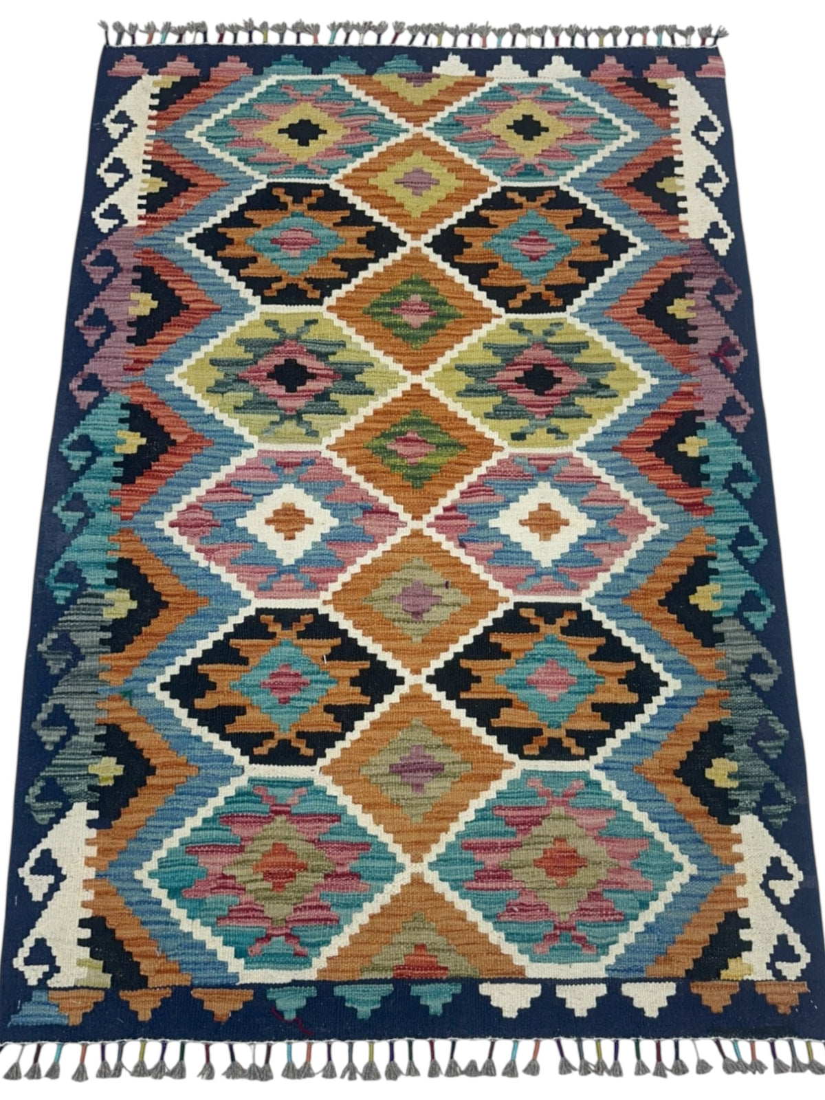 Afghan Kilim Rug 3x5, Navy, Orange & Black, Hand-Woven Wool Flatweave, view 2
