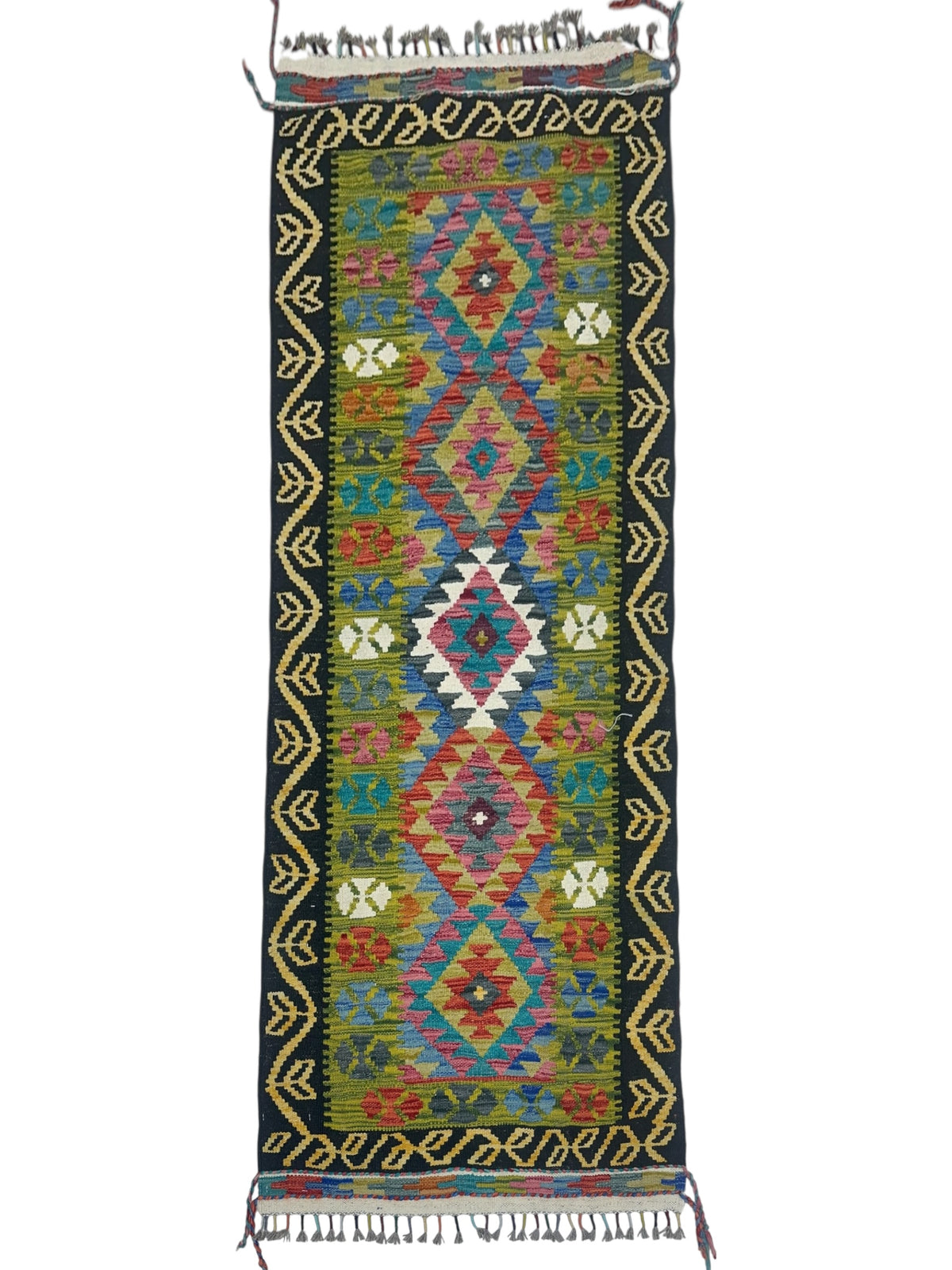 Afghan Kilim Runner 3x7, Olive Green, Black & Gold, Hand-Woven Wool Flatweave