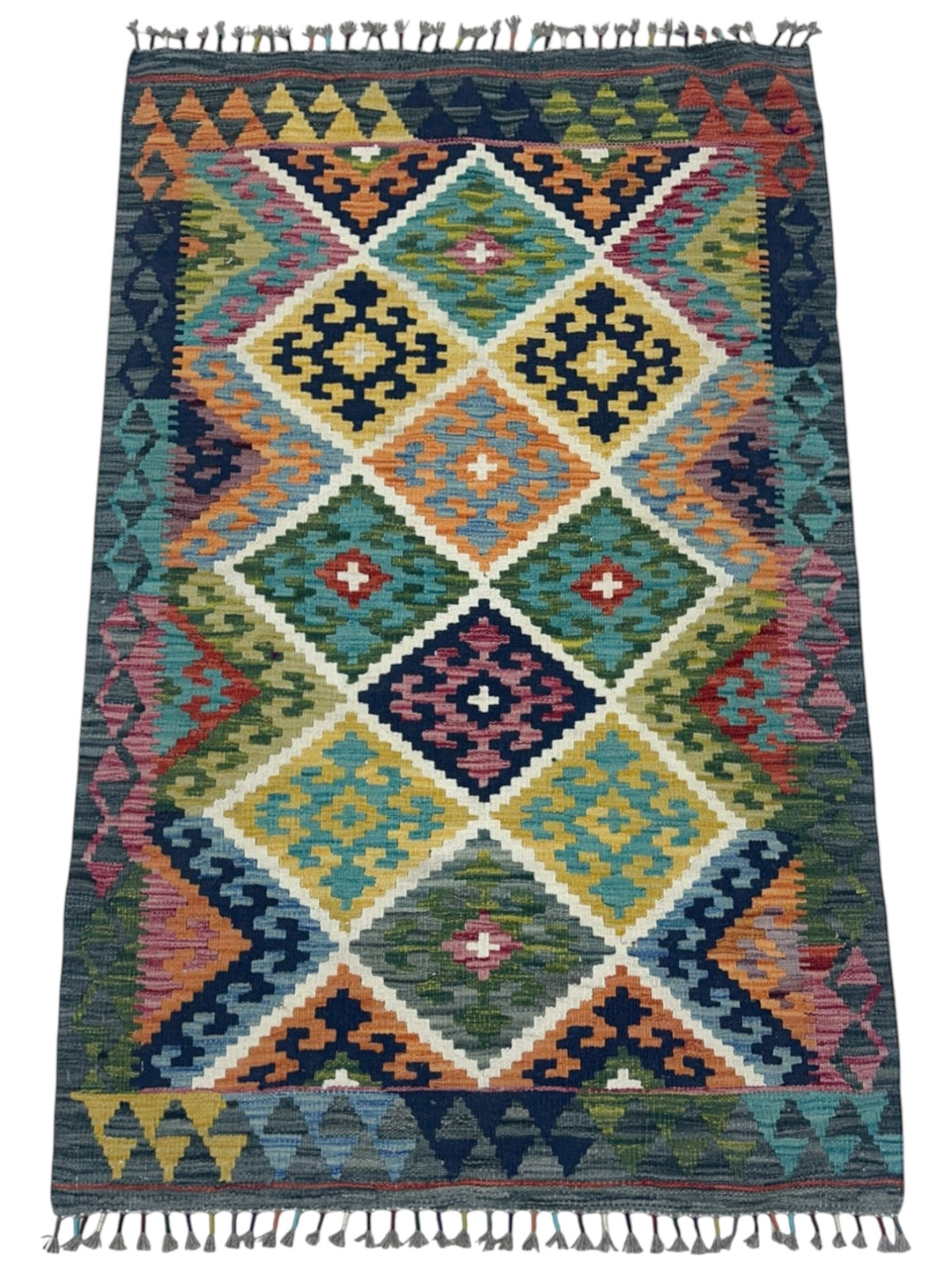 Afghan Kilim Rug 3x5, Green, Ivory & Gold, Hand-Woven Wool Flatweave, view 2